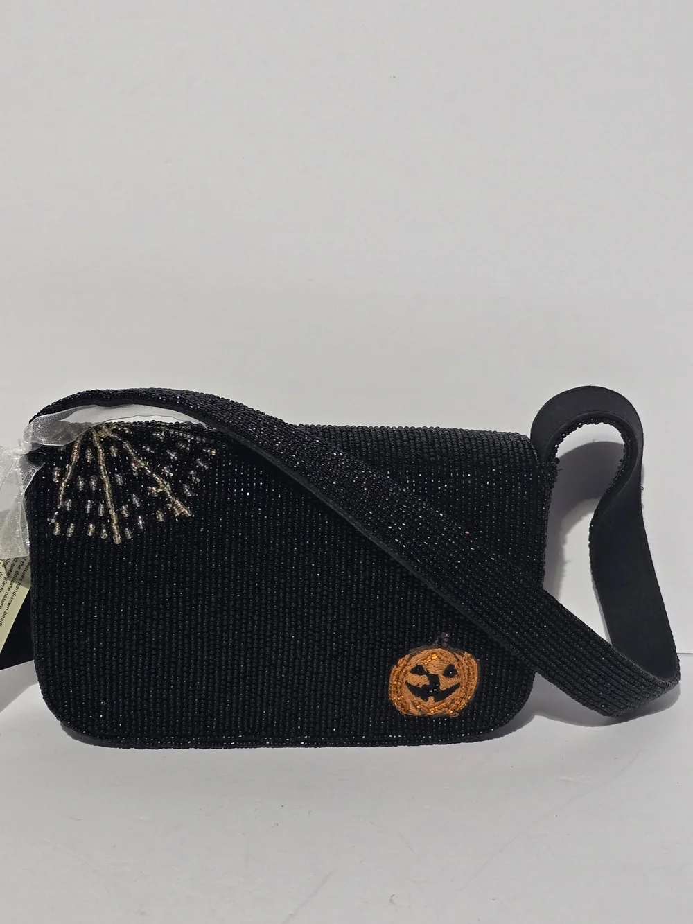 Black Beaded Crossbody Bag with Halloween Dog Motif